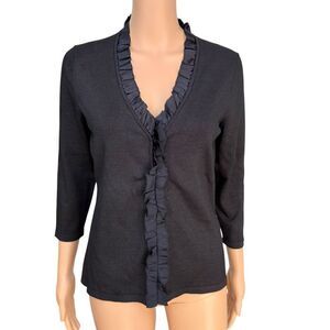 Ann Taylor vintage silk blend shimmery black cardigan hook/eye closure ruffle M